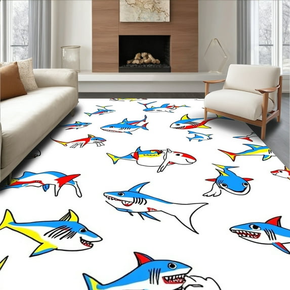Flatwoven High Traffic Area Rug, Playful Shark Area, Non Slip, Stain Resistant, Washable Area Rugs for Living Room, Bedroom(Blue, 8X10)