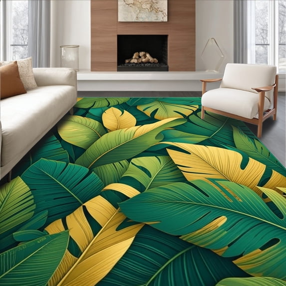 ODIKA 5'x7' Machine Washable Non-Slip Area Rug, Playful Tropical Leaf High Traffic Rug, Green, 256596