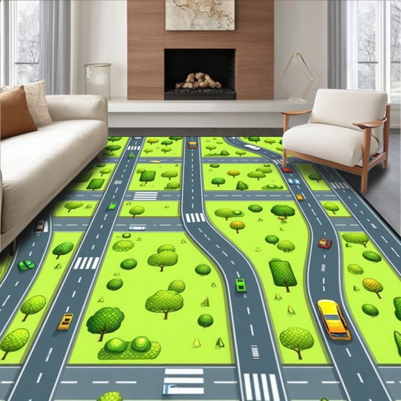 Flatwoven High Traffic Area Rug, Playful Urban Landscape Theme, Non Slip, Stain Resistant, Washable Area Rugs for Living Room, Bedroom(Green, 2X3)