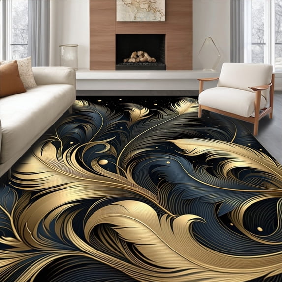 ODIKA 2'x3' Machine Washable Non-Slip Area Rug, Plumage with Opulent Ebony Backdrop and Gilded Accents High Traffic Rug, Gold, 73267