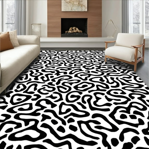 ODIKA 8'x10' Machine Washable Non-Slip Area Rug, Prairie Spotted Floor Covering With Natural High Traffic Rug, Black, 298554
