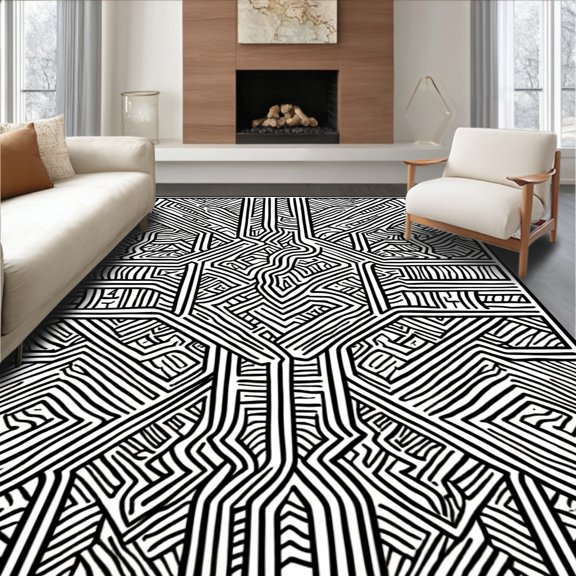 Flatwoven High Traffic Area Rug, Primal Stripe Composition with Sharp Angular and Curved Lines, Non Slip, Stain Resistant, Washable Area Rugs for Living Room, Bedroom(Black, 5X7)