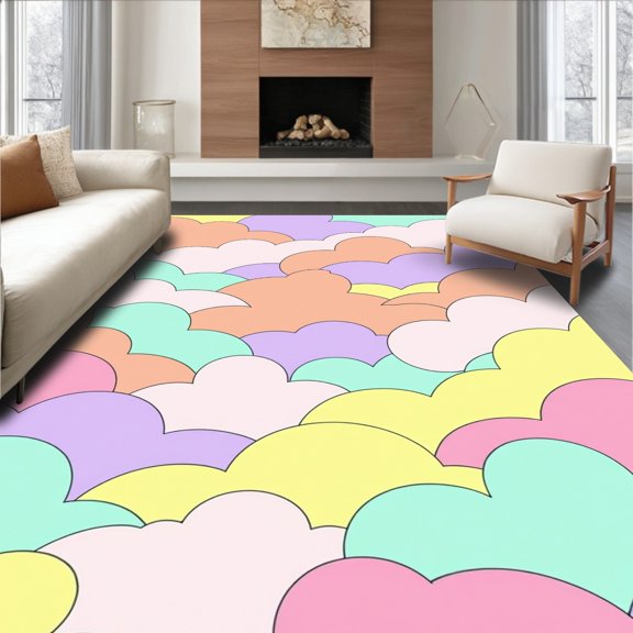 Flatwoven High Traffic Area Rug, Prismatic Rainbow Cloudscape Softmat, Non Slip, Stain Resistant, Washable Area Rugs for Living Room, Bedroom(Pink, 2X3)