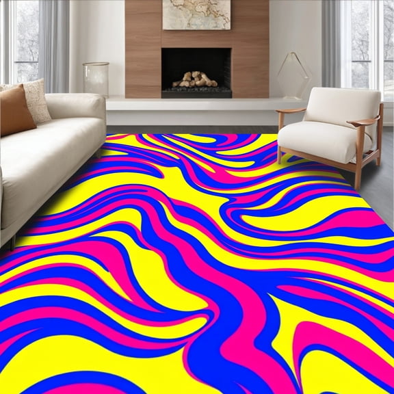 Flatwoven High Traffic Area Rug, Prismatic Spectrum Waves Abstract Shag with Vibrant Gradient Stripes, Non Slip, Stain Resistant, Washable Area Rugs for Living Room, Bedroom(Yellow, 8X10)