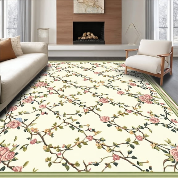 ODIKA 4'x6' Machine Washable Non-Slip Area Rug, Provence Floral Trellis with Classic Lattice Motif High Traffic Rug, Pink, 228711