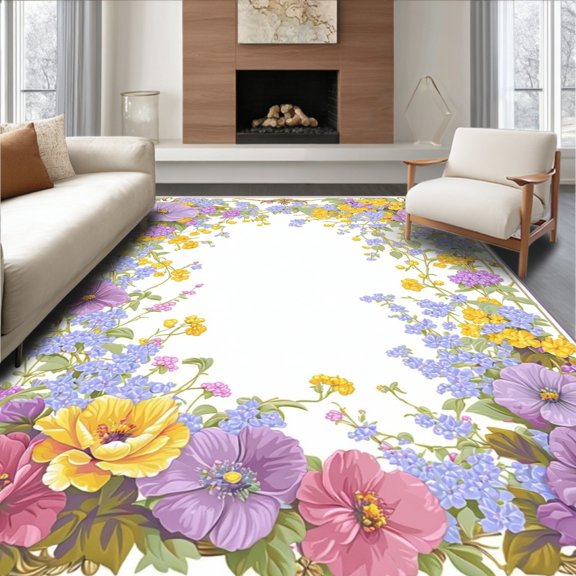Flatwoven High Traffic Area Rug, Provincial Floral Bouquet with Filigree Frame Motif, Non Slip, Stain Resistant, Washable Area Rugs for Living Room, Bedroom(Purple, 2X3)
