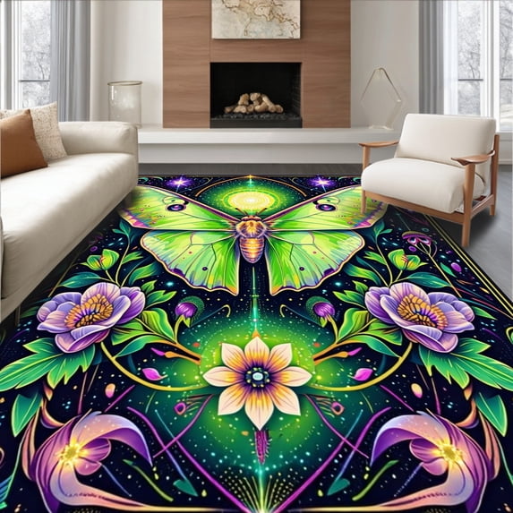 ODIKA 5'x7' Machine Washable Non-Slip Area Rug, Moth Celestial Design High Traffic Rug, Green, 83232