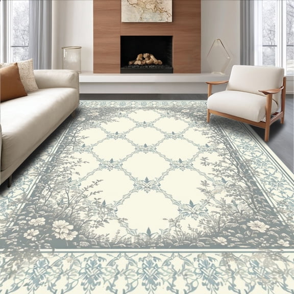 Flatwoven High Traffic Area Rug, Quilted Foliage With Antelope Silhouette Design, Non Slip, Stain Resistant, Washable Area Rugs for Living Room, Bedroom(Ivory, 4X6)