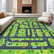 ODIKA 5x7 Machine Washable Non-Slip Area Rug, Race Track Adventure with Interlocking Roads Vehicles and Cityscape Details High Traffic Rug, Green, 151382