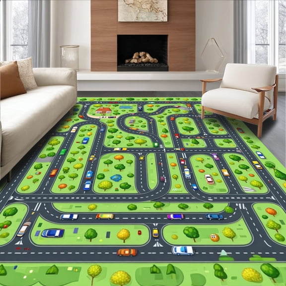 ODIKA 5'x7' Machine Washable Non-Slip Area Rug, Race Track Adventure with Interlocking Roads Vehicles and Cityscape Details High Traffic Rug, Green, 151382
