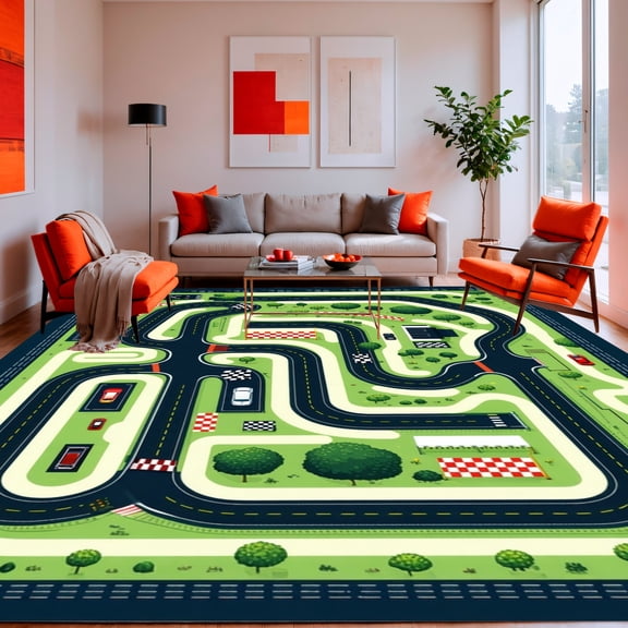 ODIKA 4'x6' Machine Washable Non-Slip Area Rug, Racing Circuit Track With Pit Stops & Checkered Flags For Vehicle Play High Traffic Rug, Green, 131289