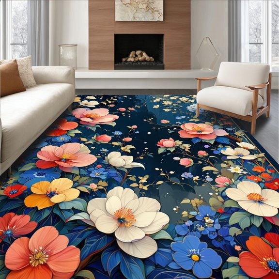 Flatwoven High Traffic Area Rug, Radiant Multicolor Blossom Array on Deep Navy Canvas, Non Slip, Stain Resistant, Washable Area Rugs for Living Room, Bedroom(Blue, 2X3)