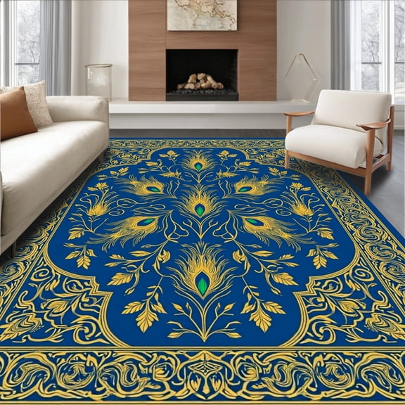 Flatwoven High Traffic Area Rug, Radiant Peacock Vision with Interwoven Botanical Arabesques, Non Slip, Stain Resistant, Washable Area Rugs for Living Room, Bedroom(Blue, 2X3)