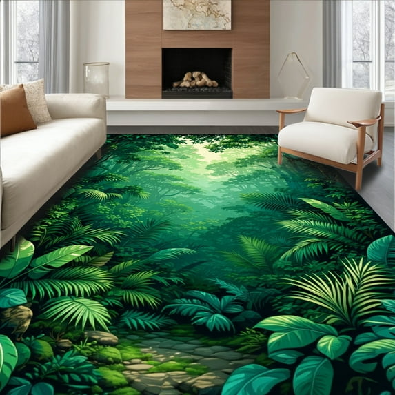 ODIKA 6'x9' Machine Washable Non-Slip Area Rug, Rainforest Canopy Boho Leaf Design Bathroom High Traffic Rug, Green, 56124
