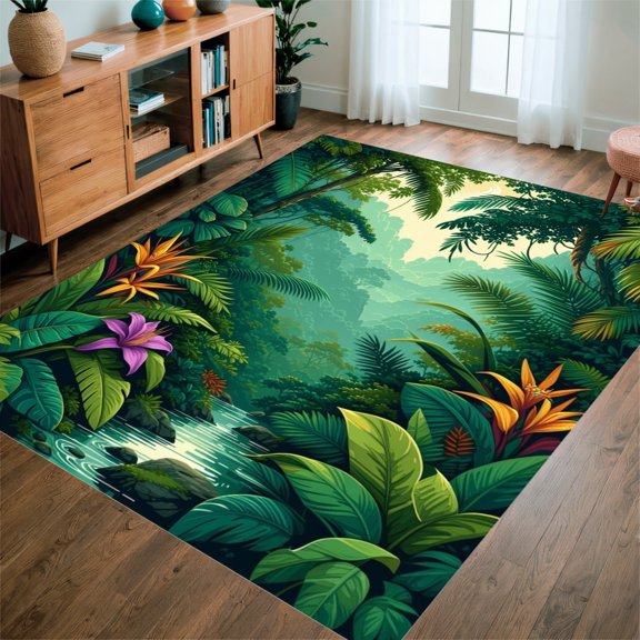 Flatwoven High Traffic Area Rug, Rainforest Canopy Botanical Treasure Accent, Non Slip, Stain Resistant, Washable Area Rugs for Living Room, Bedroom(Green, 4X6)