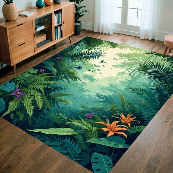 ODIKA 6'x9' Machine Washable Non-Slip Area Rug, Rainforest Symphony Botanical Leaf Motif Decorative High Traffic Rug, Green, 281809
