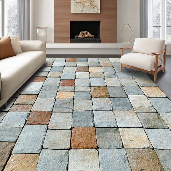 ODIKA 6'x9' Machine Washable Non-Slip Area Rug, Random Stone Tile with Cut Flat High Traffic Rug, Gray, 67661