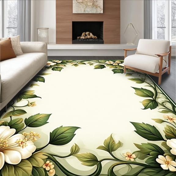 ODIKA 6'x9' Machine Washable Non-Slip Area Rug, Refined With Decorative Floral Edge and Leaf Accents High Traffic Rug, Beige, 62294