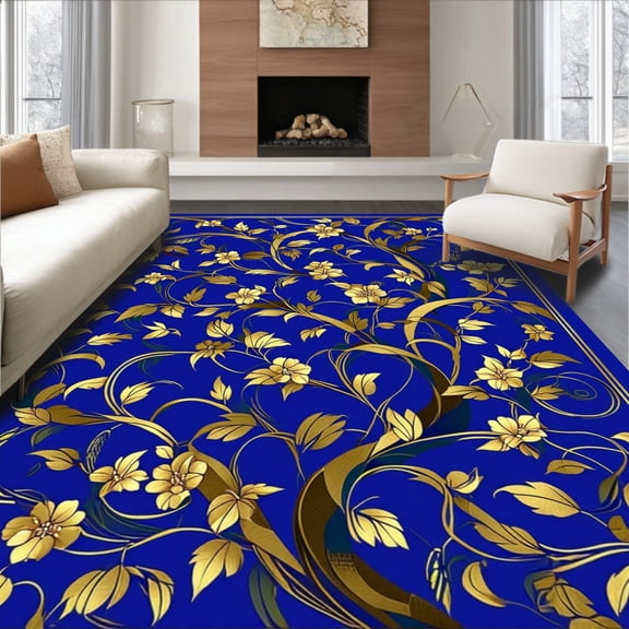 ODIKA 2'x3' Machine Washable Non-Slip Area Rug, Azure Sapphire with Golden Vine Tracery High Traffic Rug, Blue, 109517