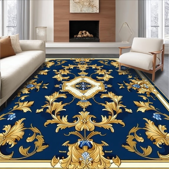 ODIKA 2'x3' Machine Washable Non-Slip Area Rug, Crest Medallion with and Flourish Motifs High Traffic Rug, Blue, 182434