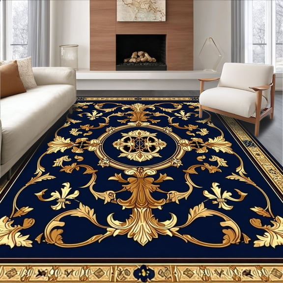 ODIKA 8'x10' Machine Washable Non-Slip Area Rug, Crest Motif Featuring Ornate Heraldic Emblem Design High Traffic Rug, Blue, 166272