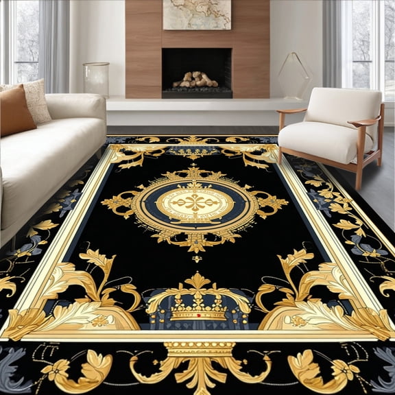 ODIKA 8'x10' Machine Washable Non-Slip Area Rug, Emblem in Gold Grey Black with Motifs High Traffic Rug, Gold, 113916