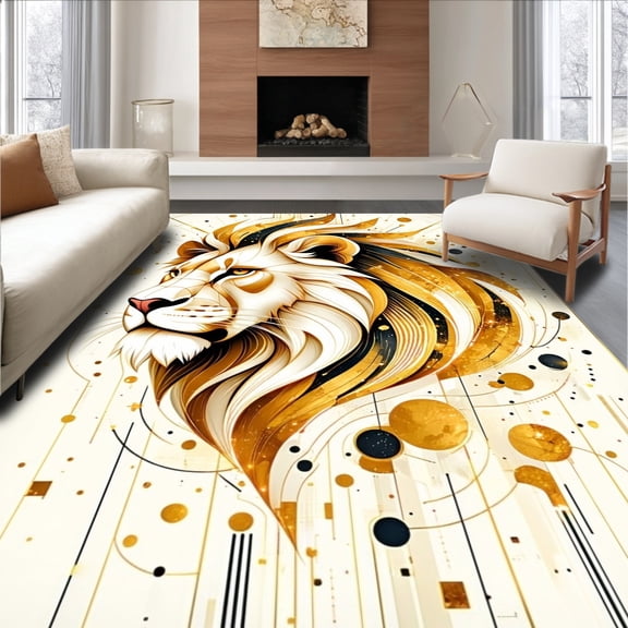 ODIKA 6'x9' Machine Washable Non-Slip Area Rug, Lion Profile with Ornate Mane and Abstract Sunburst Accents High Traffic Rug, Gold, 170997