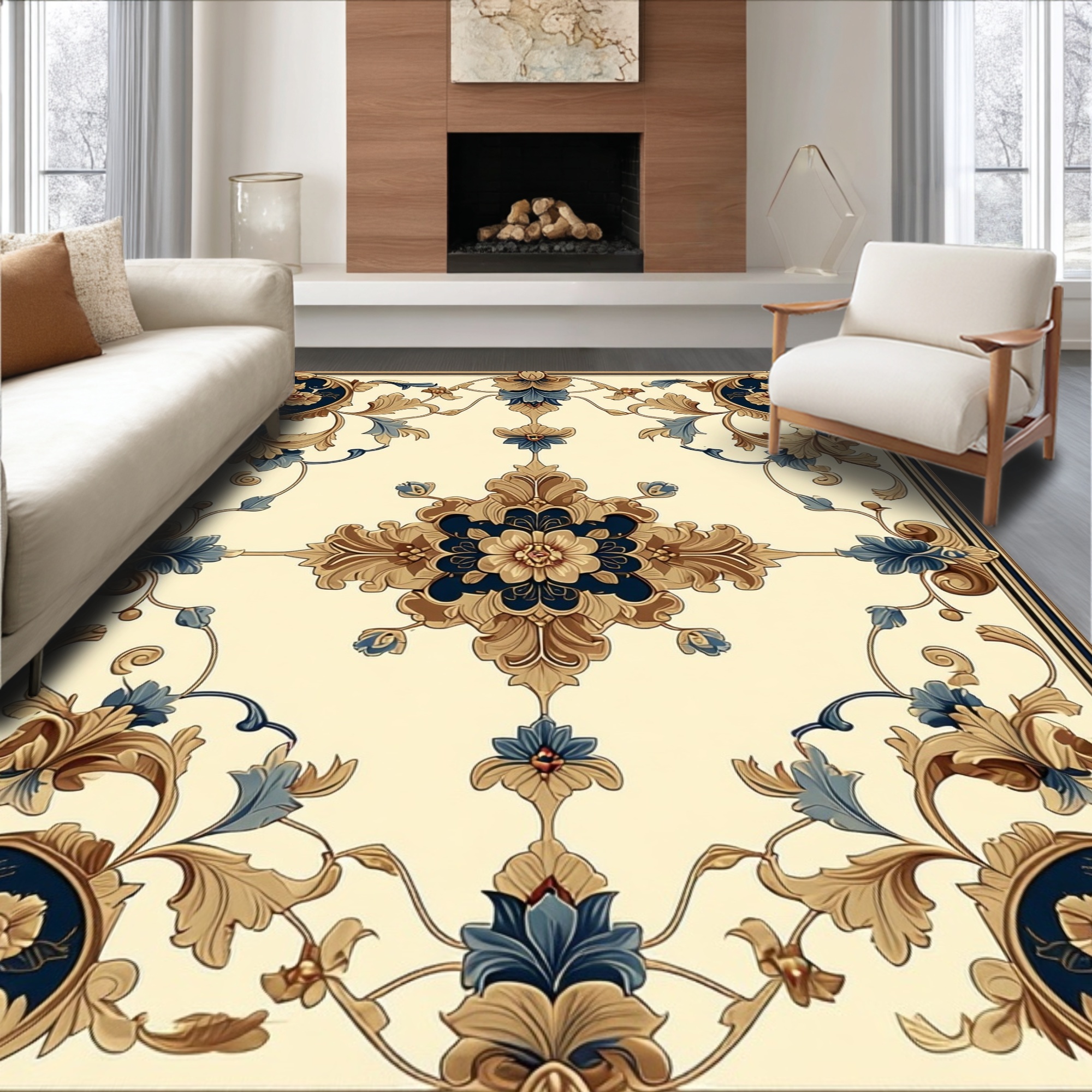 Scroll Work Pattern Rug Flatwoven High Traffic Area Rug, Regal Medallion Scrollwork with Ornate ...