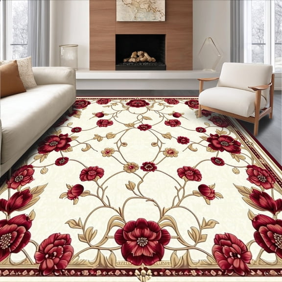 ODIKA 4'x6' Machine Washable Non-Slip Area Rug, Oval Floor Accent with Cascading Floral High Traffic Rug, Red, 157247