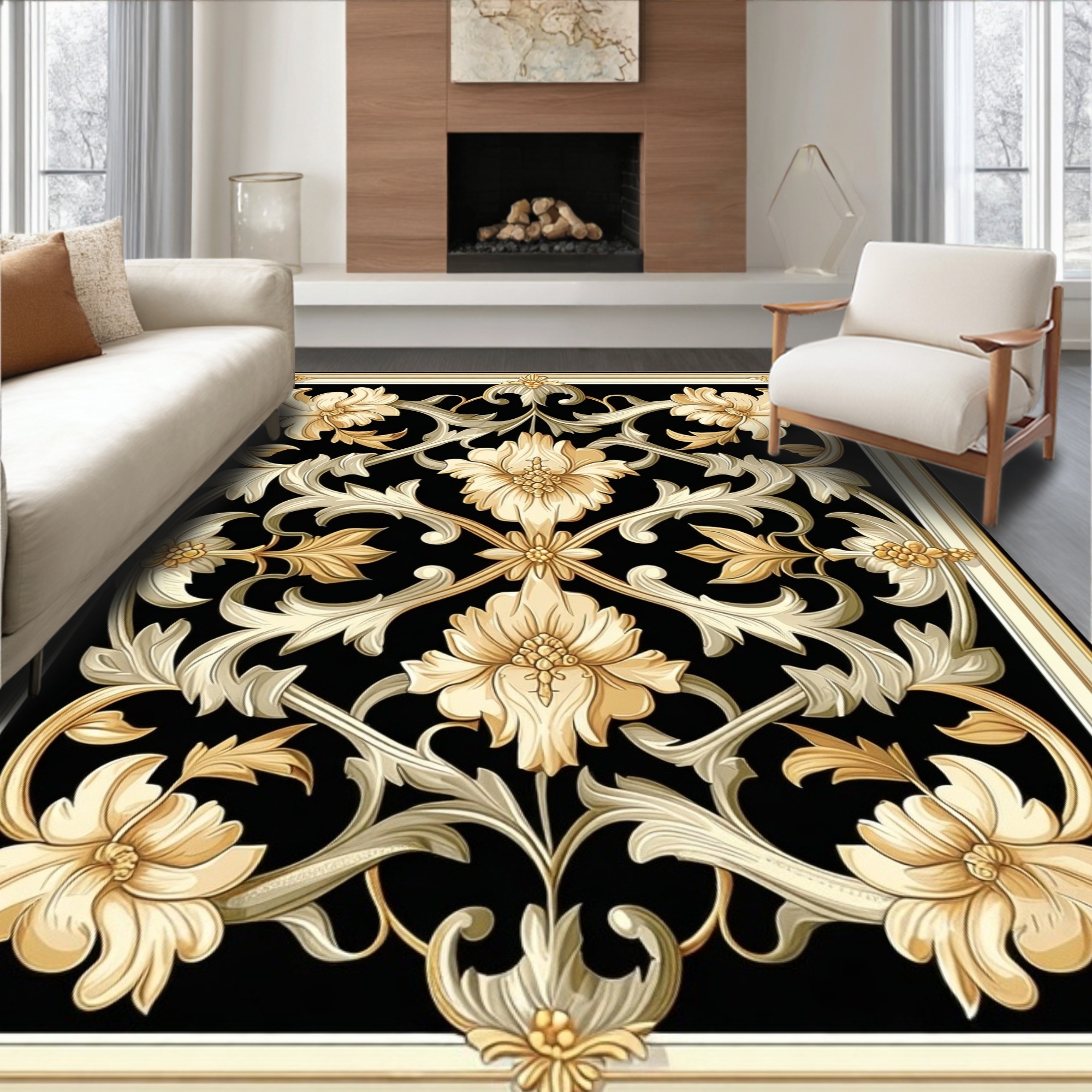 Demask Rug Rococo Flatwoven High Traffic Area Rug, Regal Rococo Damask with Flourishing ...