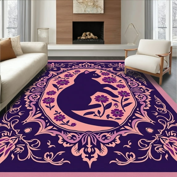 Flatwoven High Traffic Area Rug, Regal Wildcat Silhouette with Interwoven Floral Arabesques, Non Slip, Stain Resistant, Washable Area Rugs for Living Room, Bedroom(Purple, 4X6)