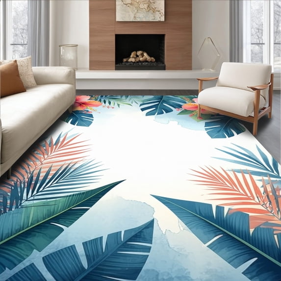 ODIKA 6'x9' Machine Washable Non-Slip Area Rug, Retreat with Vibrant Tropical Leafwork and Watercolor Florals High Traffic Rug, Blue, 66677