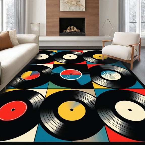 ODIKA 4'x6' Machine Washable Non-Slip Area Rug, Retro Artistic Vinyl Record Design High Traffic Rug, Black, 3519