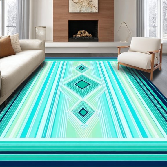 Flatwoven High Traffic Area Rug, Retro Diamond Lattice Rug with Contrasting Bold Outline Geometry, Non Slip, Stain Resistant, Washable Area Rugs for Living Room, Bedroom(Teal, 2X3)