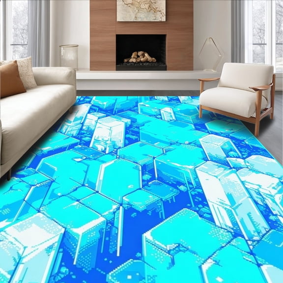 ODIKA 2'x3' Machine Washable Non-Slip Area Rug, Retro Gaming Ice Floor Covering High Traffic Rug, Cyan, 149052