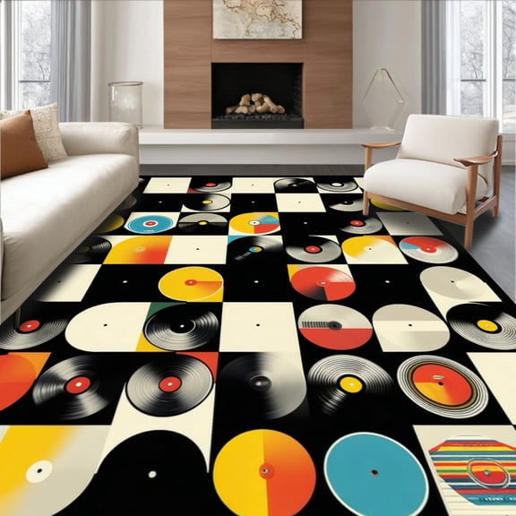 ODIKA 4'x6' Machine Washable Non-Slip Area Rug, Retro Monochrome Circular High Traffic Rug, Black, 3508