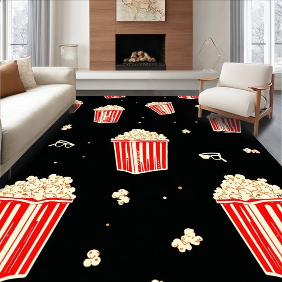 ODIKA 2'x3' Machine Washable Non-Slip Area Rug, Retro Movie Night With Artistic Popcorn Bucket Design High Traffic Rug, Red, 130766