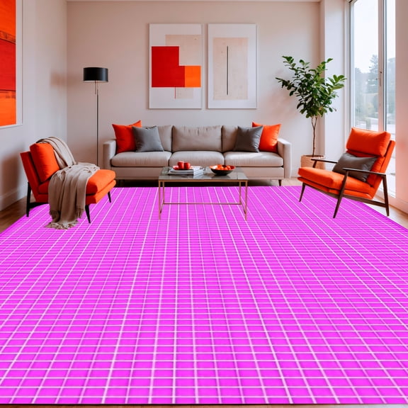 Flatwoven High Traffic Area Rug, Retro Pixelated Grid with Nostalgic Blocky Aesthetic, Non Slip, Stain Resistant, Washable Area Rugs for Living Room, Bedroom(Magenta, 2X3)