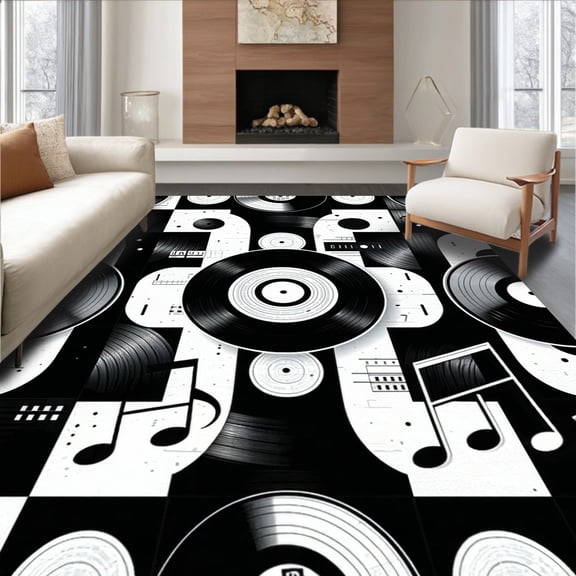 ODIKA 8'x10' Machine Washable Non-Slip Area Rug, Retro Vinyl Groove with Classic Record Disc for Music High Traffic Rug, Black, 88446