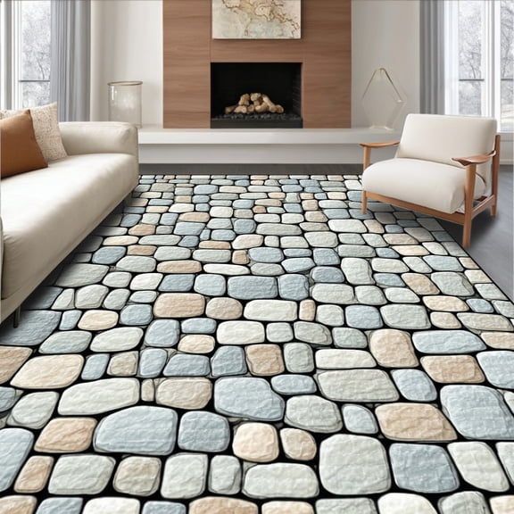 ODIKA 4'x6' Machine Washable Non-Slip Area Rug, River Stone Natural Smooth Pebble Design High Traffic Rug, Gray, 92435