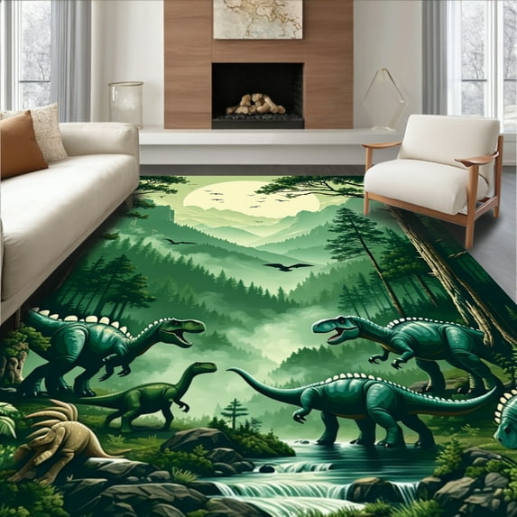 ODIKA 4'x6' Machine Washable Non-Slip Area Rug, Roaring Dino Discovery Creature for Teens High Traffic Rug, Green, 84203