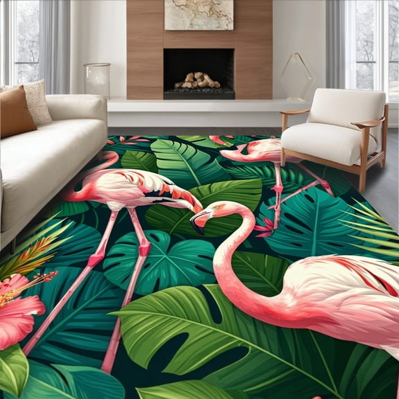ODIKA 4'x6' Machine Washable Non-Slip Area Rug, Romantic Jungle with Pink Flamingos and Botanical High Traffic Rug, Pink, 94124