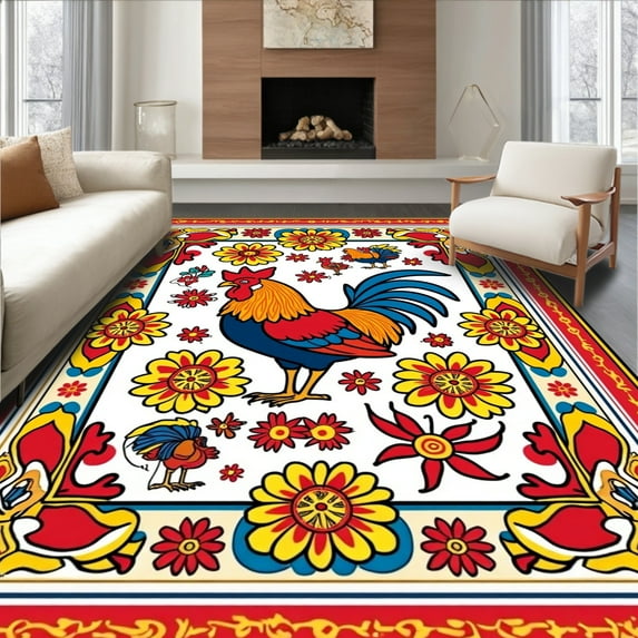 Flatwoven High Traffic Area Rug, Rooster Rhapsody Farmhouse Fowl Motif ...