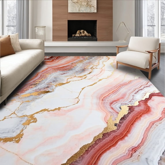 ODIKA 5'x7' Machine Washable Non-Slip Area Rug, Rose Quartz Modern Marble Swirl Accent High Traffic Rug, Pink, 211346