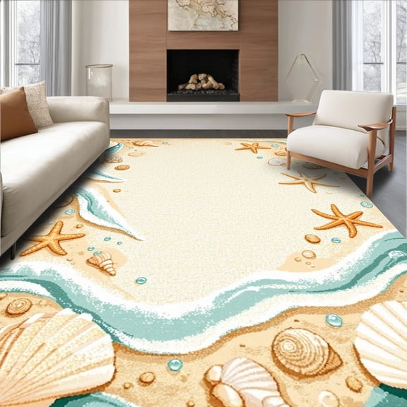 Flatwoven High Traffic Area Rug, Round Beach Themed Ocean, Non Slip, Stain Resistant, Washable Area Rugs for Living Room, Bedroom(Beige, 2X3)