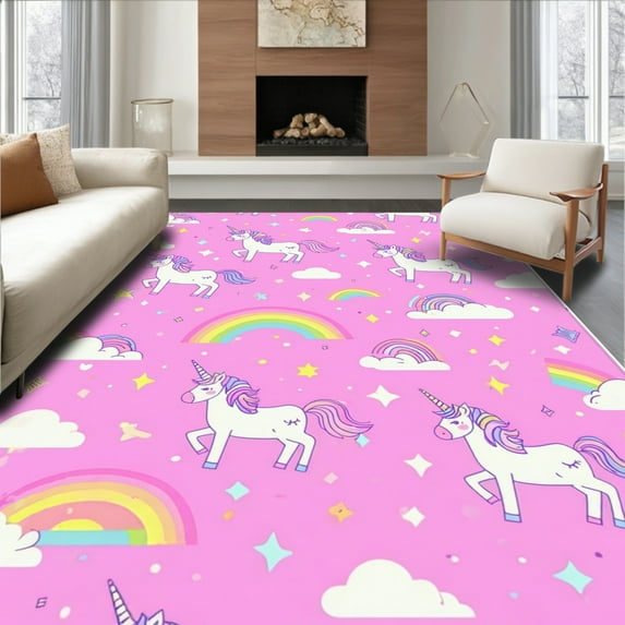 ODIKA 3'x5' Machine Washable Non-Slip Area Rug, Round Colorful Girls Unicorn High Traffic Rug, Red, 3039