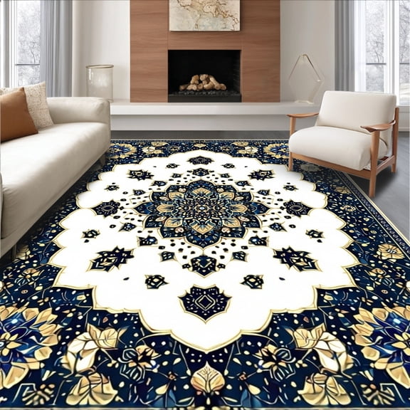 ODIKA 8'x10' Machine Washable Non-Slip Area Rug, Round Fluffy Cream High Traffic Rug, Navy, 155745