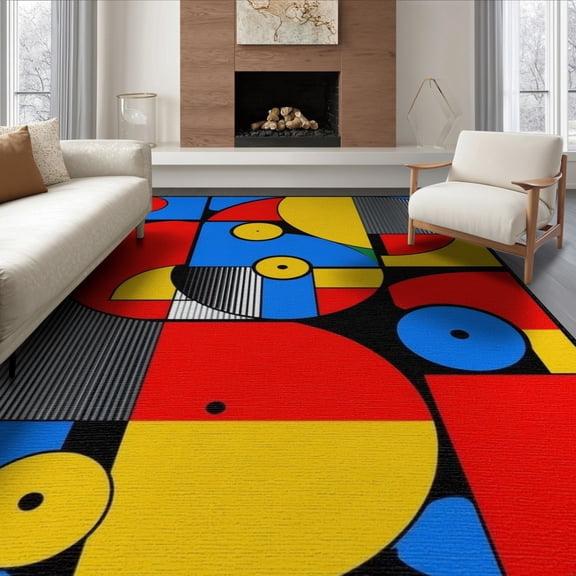 ODIKA 8'x10' Round Music Record With Abstract Pop Rock Album Cover Art Design Washable Area Rug Non-Shedding, Easy Care, for King Size Bedroom Under Bed, Master Suite