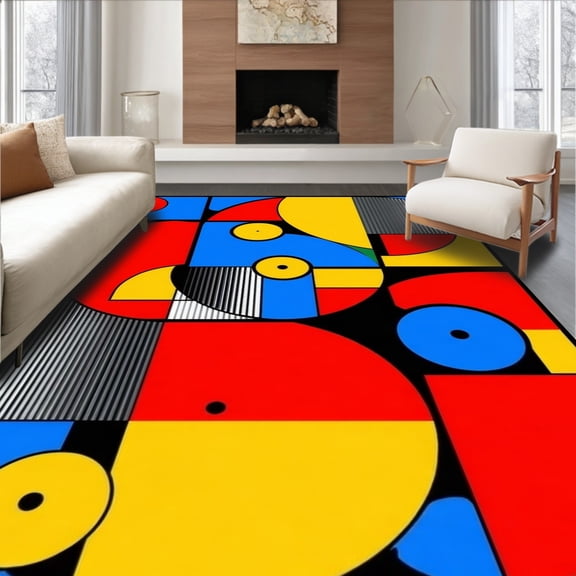 ODIKA 4'x6' Machine Washable Non-Slip Area Rug, Round Music Record With Abstract Pop Rock Album Cover Art Design High Traffic Rug with Pad, Red, 69464