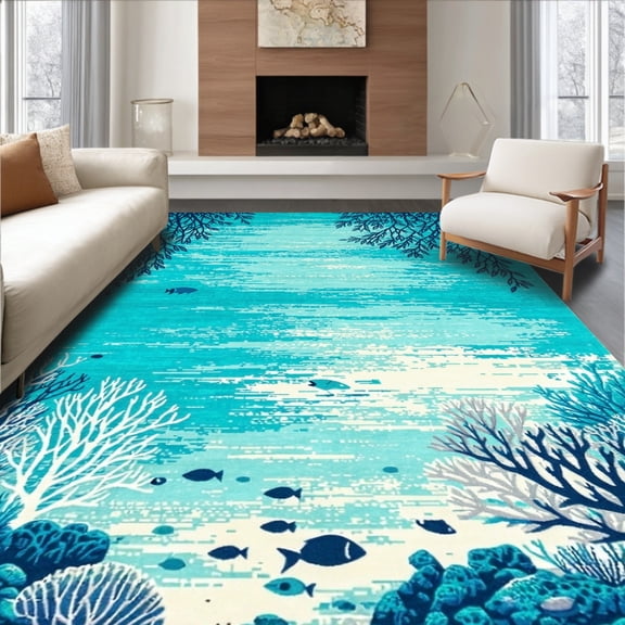 ODIKA 6'x9' Machine Washable Non-Slip Area Rug, Round Ocean Coral Reef Inspired Design High Traffic Rug, Blue, 66658